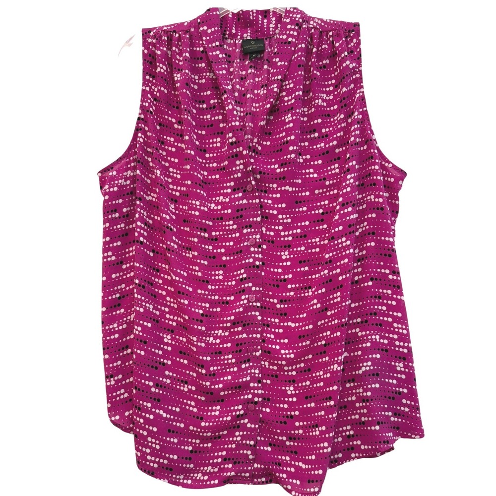 Worthington Woman Magenta Pink Dotted Sleeveless Button Front Blouse 1X Top